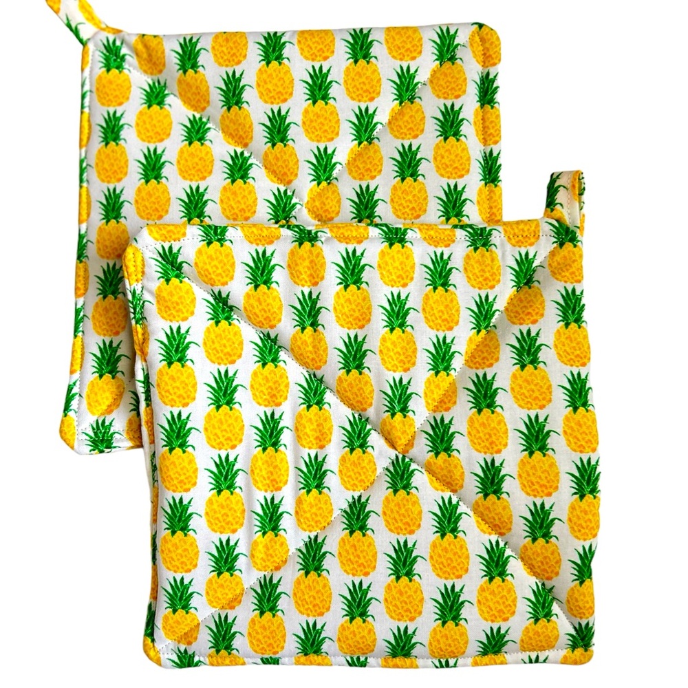 Hand Crafted Colorful Pineapple Fabric Pot Holders or Hot Mat Trivet with Loops